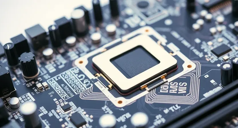 A close-up, detailed illustration of a computer motherboard with a highlighted CPU socket. Focus on the intricate circuitry and components. The background should be blurred, emphasizing the motherboard.