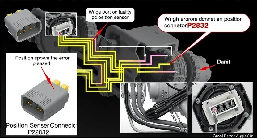 A detailed illustration of an automotive electrical circuit diagram, specifically focusing on the position sensor connector and wiring. The diagram should clearly show the wiring connections, potential fault points, and the P2832 error code associated with a faulty position sensor. Include visual representations of the sensor itself and the surrounding electrical components.