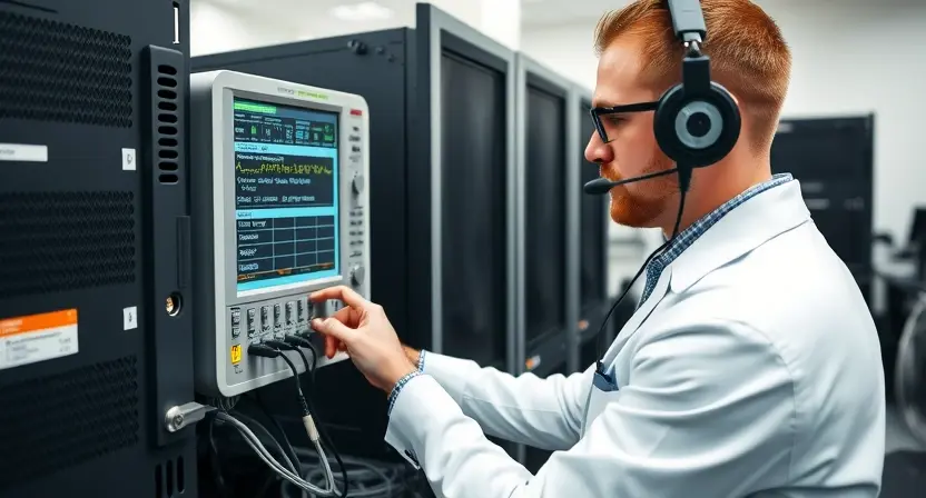A technician using diagnostic equipment to troubleshoot a computer system. The scene should focus on the interaction between the technician and the equipment, highlighting the display and connections. The environment is a clean, professional office or laboratory setting.