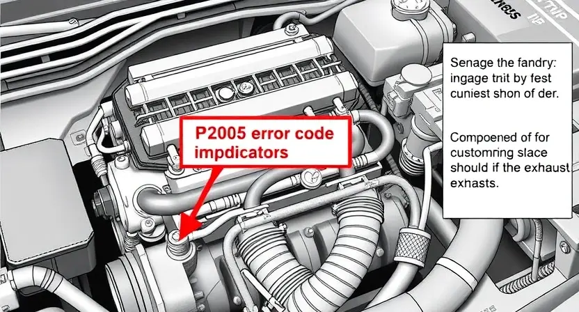 A detailed diagram illustrating a car's engine with a highlighted P2005 error code indicator. The diagram should show the relevant engine components (sensors, catalysts, etc.) and their connections. Focus on visual representation of the error's impact on the exhaust system.