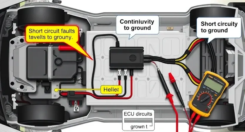 A detailed technical illustration showing a car's electrical system with a focus on grounding faults, including a vehicle chassis, battery, ECU, wiring harness, and multimeter probes testing for continuity to ground, with highlighted areas indicating short circuits to ground, labeled components in a clean schematic style, no text or digits visible