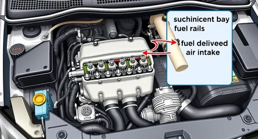 A detailed illustration of a car's engine bay, focusing on the fuel system components like fuel injectors, fuel rail, and intake manifold. Highlight the areas related to fuel delivery and air intake. The image should convey a sense of technical precision and clarity, suitable for a repair manual or diagnostic guide.
