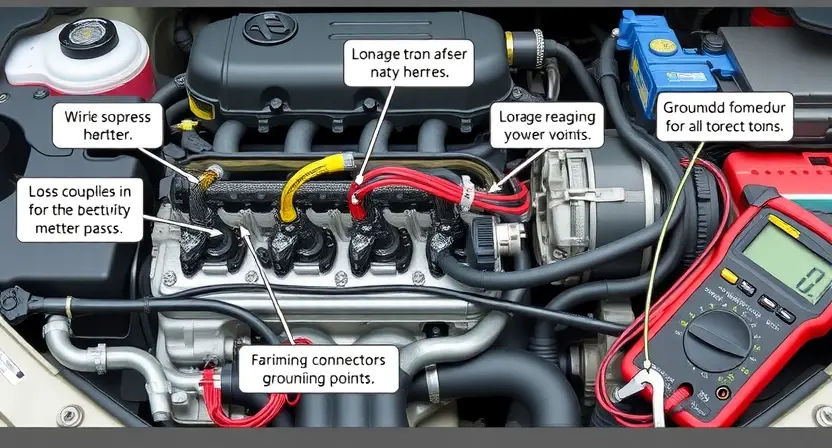 A detailed illustration of an automotive engine bay, focusing on wiring harnesses, connectors, and grounding points. Highlight potential damage to these components with visual cues like frayed wires, loose connections, and corrosion. Include a wrench and multimeter as tools.