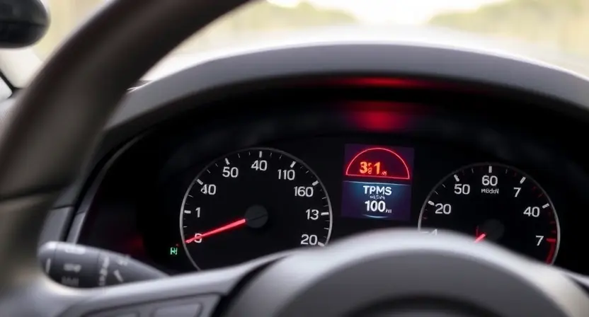 A close-up, detailed illustration of a car's dashboard with a warning light illuminated. The warning light should be specifically depicting a tire pressure monitoring system (TPMS) error. The background should be slightly blurred to focus on the dashboard elements. The car interior should be clean and modern.