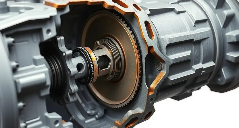 A detailed, high-quality illustration of a transmission's friction element E, showing wear and tear. The image should highlight the internal components and the potential cause of the P2704 error code. Focus on mechanical components and wear patterns.