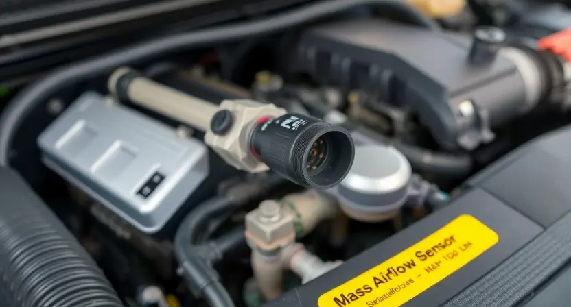 A close-up, detailed image of a car's engine bay. Focus on the mass airflow sensor (MAF sensor) and its surrounding components. The engine should appear clean and well-maintained. The lighting should be bright and even, highlighting the sensor's details.