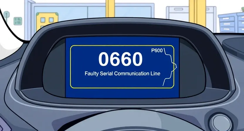 A detailed illustration of a car's diagnostic interface displaying the error code P0600 'Faulty Serial Communication Line'. The interface should show the code prominently, along with a visual representation of a communication line with a potential break or issue. The background should be a clean, professional automotive workshop environment.