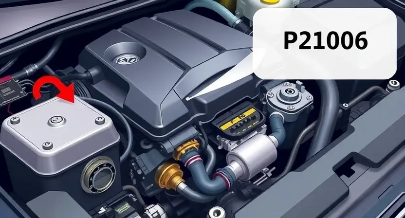 A detailed illustration of a car's engine bay with a highlighted sensor or component related to the P2106 error code. Focus on the relevant part of the engine, showing its connections and surrounding elements. The image should convey a sense of technical precision and diagnostic investigation.