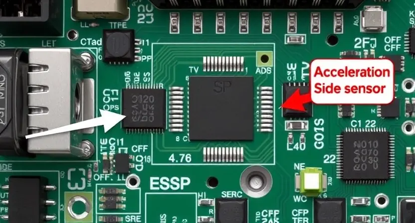 A detailed illustration of an ESP system's internal components, highlighting the side acceleration sensor. The sensor should be clearly visible, with arrows pointing to its location within the circuit board. Focus on the sensor's physical form and its connection to the main board. Include surrounding circuitry to provide context.