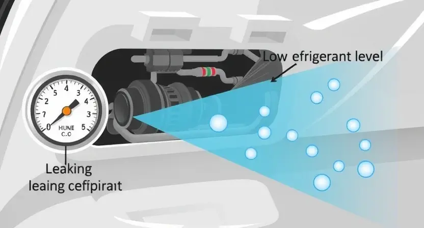 A detailed illustration of a car's air conditioning system, showing a low refrigerant level with visual indicators like a gauge showing a low reading, a leaking component, and a visual representation of refrigerant molecules. The background should be a clean, technical environment.