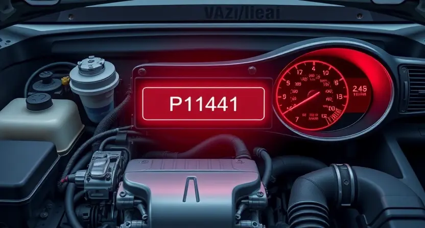 A detailed illustration of a VAZ/Lada car engine bay, showing the P1141 error code indicator light illuminated on the dashboard. Focus on the engine components, wiring, and the dashboard area where the light is visible.
