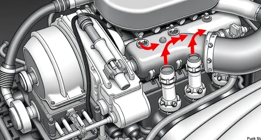 A detailed illustration of a Ford PowerStroke engine's fuel injection system, highlighting the high-pressure fuel pump and the fuel pressure sensor. The sensor should be clearly visible, with arrows indicating the direction of fuel flow. The surrounding engine components should be realistically depicted, showing the overall context of the system. Focus on the sensor's location and its connection to the fuel rail.