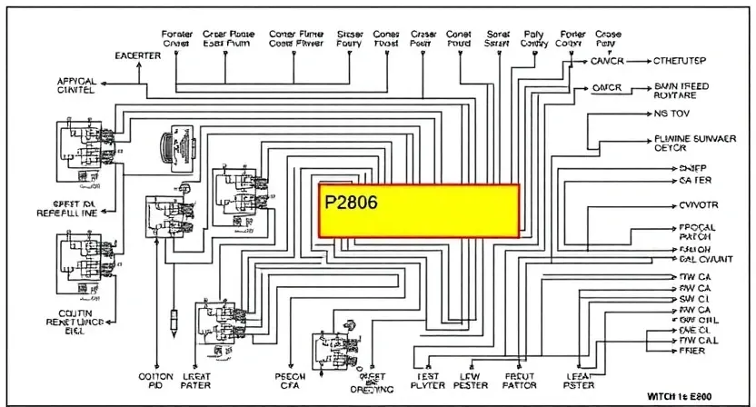 A detailed schematic diagram of an automotive engine control unit (ECU) with a highlighted area indicating the P2806 error code. The diagram should show various sensors, actuators, and wiring connections.