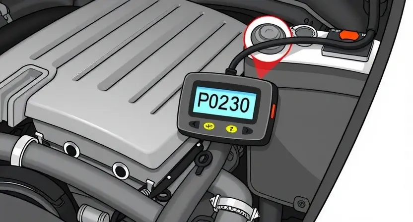 A detailed illustration of a car's engine bay with a diagnostic code reader displaying 'P0230'. The engine should be partially visible, showing components like the intake manifold and hoses. Focus on clarity and technical accuracy.