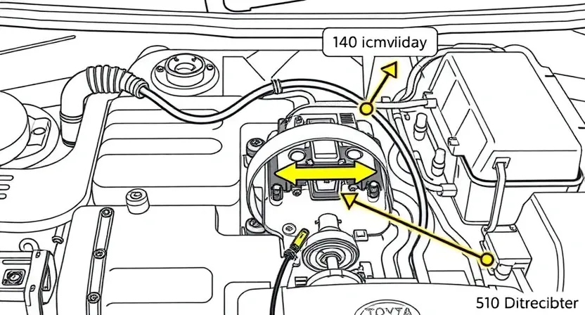 A detailed technical illustration of a Toyota vehicle's ignition system showing the ignition coil, spark plug wires, and distributor with labeled components and arrows indicating electrical flow, rendered in a clean technical diagram style with precise line work and minimal background