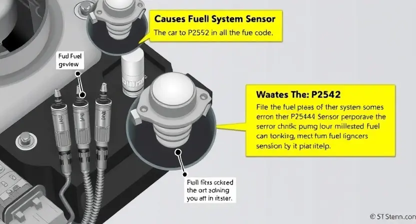 A detailed illustration of a car's fuel system sensor, highlighting the P2542 error code and its potential causes. Include visual representations of fuel injectors, fuel pump, and the sensor itself. The image should depict a technical diagram with clear labels and annotations.