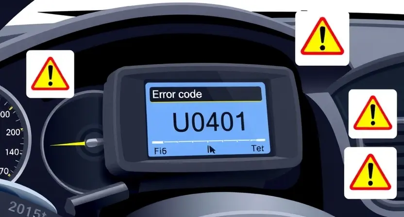 A technical illustration showing a car's OBD-II diagnostic scanner displaying error code U0401 with surrounding automotive circuitry and warning symbols, rendered in a clean, high-detail technical diagram style