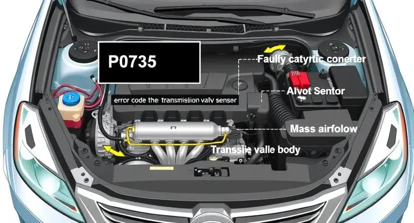 A detailed illustration of a car's engine bay with the P0735 error code highlighted on a diagnostic screen. Include visual representations of potential causes like a faulty catalytic converter, a malfunctioning mass airflow sensor, or a problem with the transmission valve body. Focus on technical accuracy and clarity.