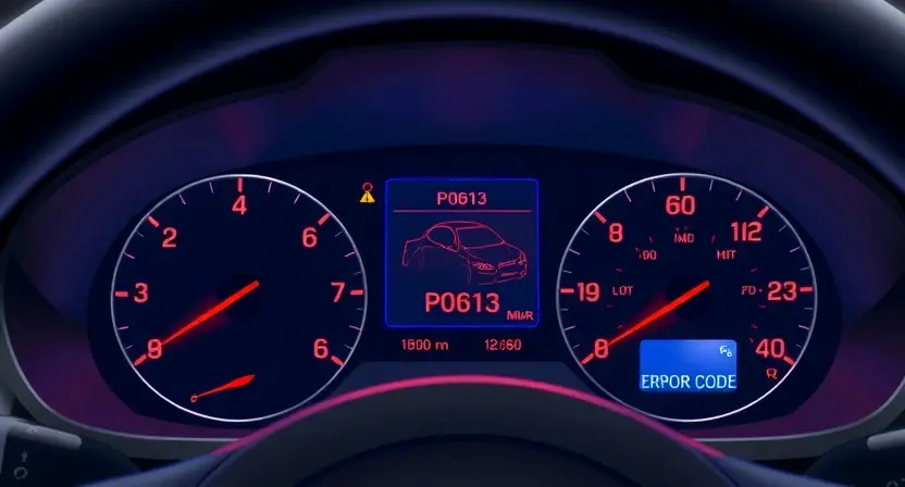 A detailed illustration of a car's dashboard with a P0613 error code displayed on the instrument cluster. The dashboard should be brightly lit, showcasing the various gauges and warning lights. Focus on the error code's visual representation and its location within the dashboard.