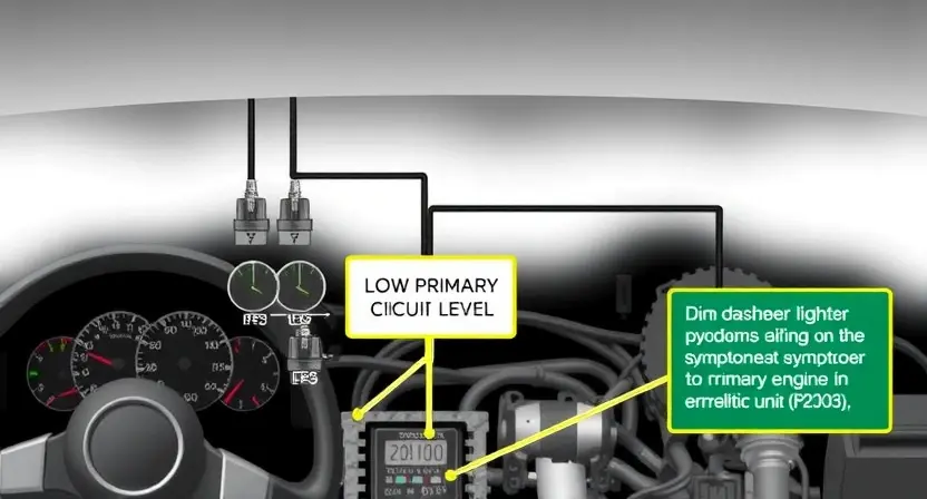A detailed illustration of a car engine's primary control circuit with a highlighted low signal level area, showing the components involved such as sensors, wiring, and the engine control unit (ECU). The image should depict the symptoms of the P2303 error, such as dim dashboard lights or erratic engine behavior, in a realistic and technical manner.