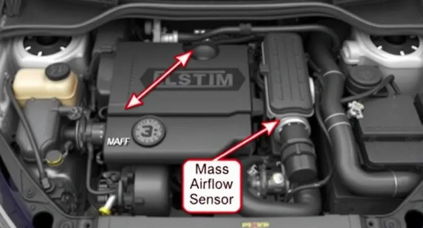 A detailed illustration of a car's engine bay with various sensors, hoses, and components clearly visible. Focus on the area related to the EVAP system, highlighting the canister and associated lines. The image should be scientifically accurate and visually informative.
