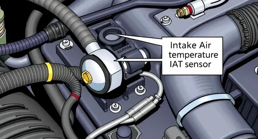 A close-up, detailed illustration of an engine bay with a focus on the Intake Air Temperature (IAT) sensor. The sensor should be clearly visible, along with surrounding hoses and wiring. The overall scene should convey a sense of automotive mechanics and diagnostics.