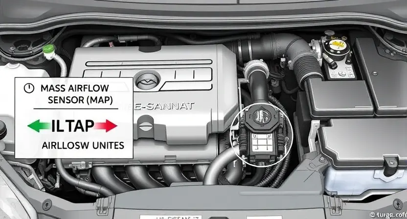 A detailed illustration of a car's engine bay, highlighting the Mass Airflow Sensor (MAP sensor) and its connection to the engine control unit (ECU). Include arrows indicating the airflow direction and the sensor's position relative to other engine components. Focus on the sensor's physical appearance and its integration within the engine system.