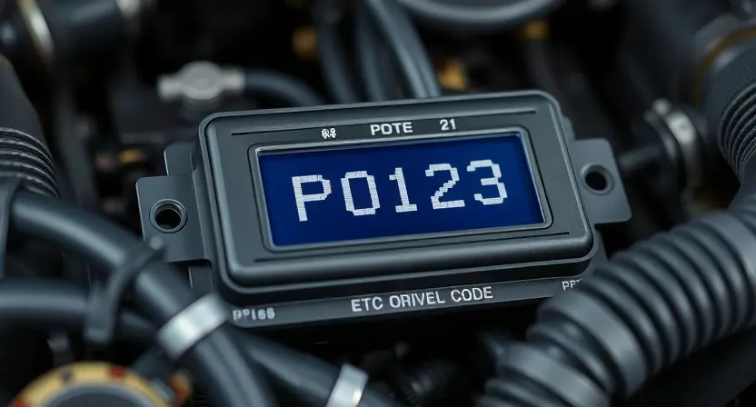 A close-up, detailed illustration of an engine control unit (ECU) with highlighted diagnostic trouble code (DTC) P0123. The ECU should be surrounded by relevant automotive components like hoses and sensors, subtly blurred in the background. Focus on the ECU's display showing the code.