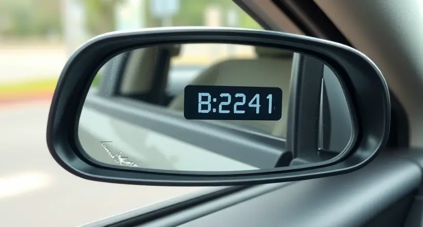 A close-up view of a car's side mirror with a visible error code B2241 displayed on a small screen or indicator within the mirror. The mirror should be slightly damaged or malfunctioning to indicate the error. The background should show a blurred car interior with the driver's seat and dashboard partially visible.