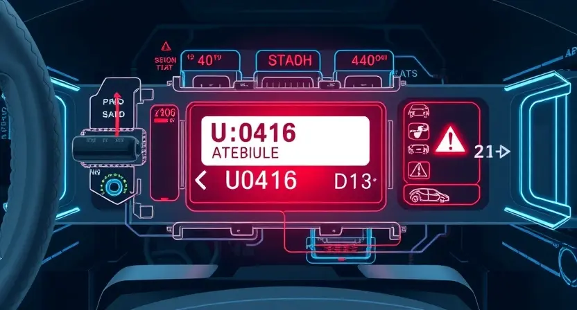 A high-quality technical illustration showing a car's dynamic stability module, with visible error code U0416, displaying corrupted data streams and warning symbols, rendered in the style "HQ-832-448-h"
