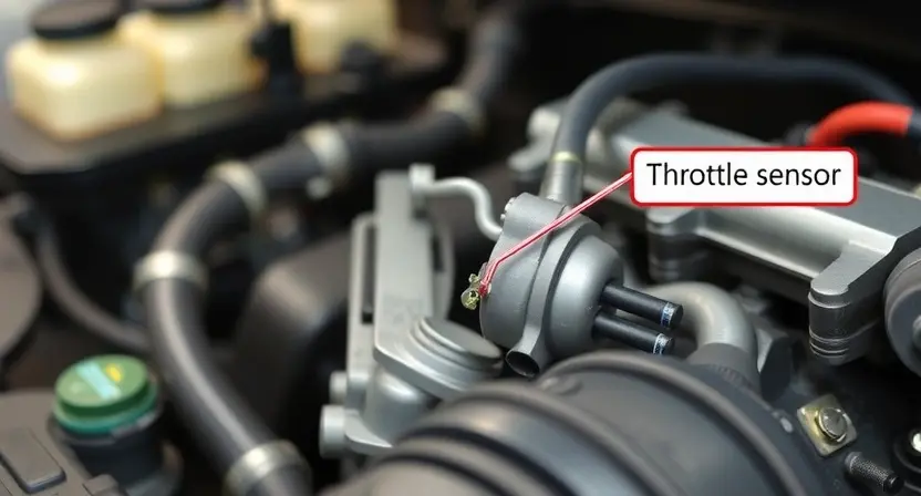 A close-up, detailed illustration of a car's intake manifold and throttle body. The throttle body should be clearly visible, with emphasis on the position sensor and associated wiring. The overall scene should convey a sense of automotive mechanics and diagnostics. Focus on the components related to the P0120 code and throttle body issues. The background should be blurred, suggesting a workshop environment.