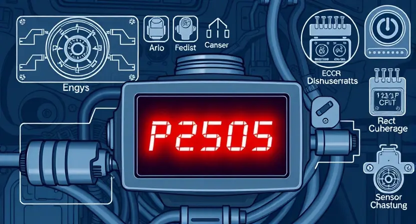 A detailed technical illustration of a car engine control unit (ECU) with a glowing red error code 'P2505' displayed on a digital dashboard screen, surrounded by circuit diagrams, wiring harnesses, and sensor icons related to the powertrain control module, in a clean, professional automotive diagnostic style with subtle blue and gray tones, high detail, no text or labels beyond the error code itself