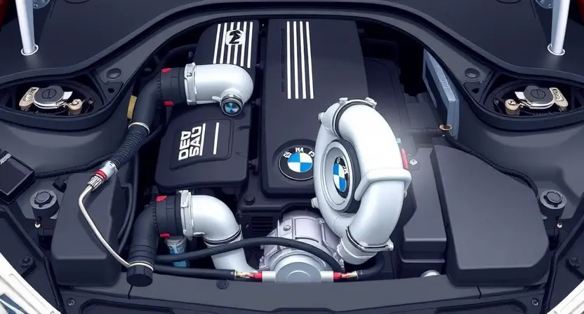 A detailed illustration of a BMW engine bay with a focus on the turbocharger and related hoses/connections. The image should visually represent the concept of insufficient boost pressure. Perhaps a subtle visual cue like a slightly faded or dimmed glow around the turbocharger to indicate reduced performance. The engine should be clean and well-lit, showcasing the components clearly.