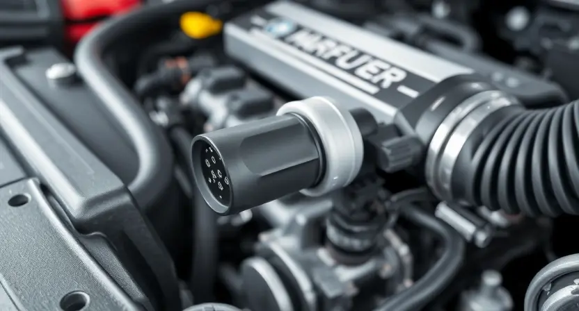 A close-up, detailed illustration of a car's engine bay, specifically highlighting the mass airflow sensor (MAF sensor). The sensor should be clearly visible, with surrounding engine components subtly in focus. The overall lighting should be bright and clean, emphasizing the sensor's physical appearance. Focus on the sensor's connectors and wiring.