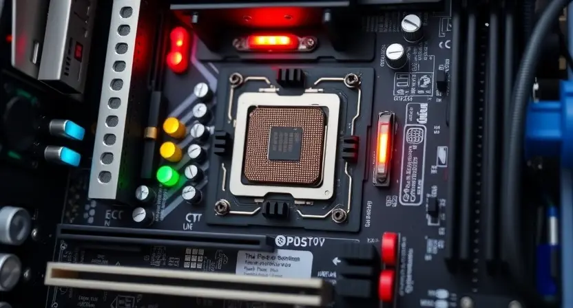 A computer motherboard with a highlighted CPU socket and error indicator lights, illustrating a hardware diagnostic process. Focus on the internal components and potential problem areas.