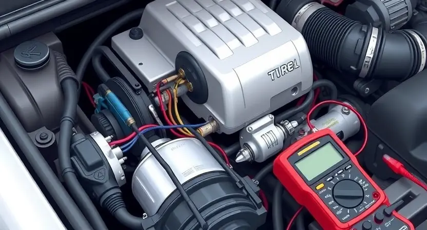 A detailed illustration of a car engine bay, focusing on the throttle position sensor and its wiring. The sensor should be clearly visible, along with the associated wiring harness and connector. Include diagnostic tools like a multimeter or oscilloscope near the sensor to suggest troubleshooting. The background should be slightly blurred to emphasize the engine components.
