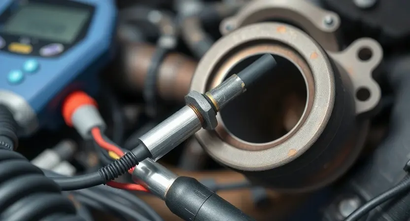 A close-up, detailed image of an oxygen sensor being removed from a car exhaust manifold. The sensor should be clearly visible, along with the surrounding metal components. Diagnostic tools like a scan tool or multimeter are subtly present in the background, suggesting a diagnostic process. Focus on the sensor's wiring and connection points.