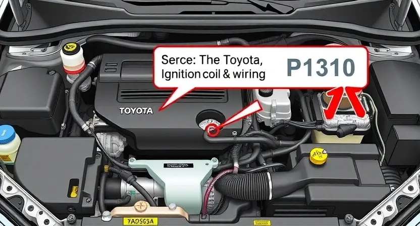 A detailed illustration of a Toyota engine bay with a visual representation of a faulty ignition coil and wiring. Focus on the area where the P1310 error code would be indicated. Include close-ups of the ignition system components.