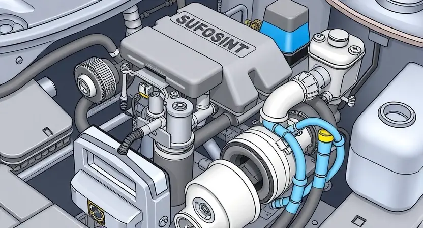 A detailed illustration of a car engine's fuel injection system, highlighting the injector and its wiring harness. Focus on the connection points and potential areas of failure. The engine should be clean and well-lit, showcasing the components clearly. Include subtle visual cues representing a broken circuit, such as a faint disruption in the wiring or a slightly dimmed injector.