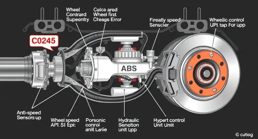 A detailed technical illustration of an automotive anti-lock braking system (ABS) showing components like wheel speed sensors, hydraulic control unit, and brake calipers, with clear labels and diagrams highlighting error code C0245, set in a clean engineering schematic style
