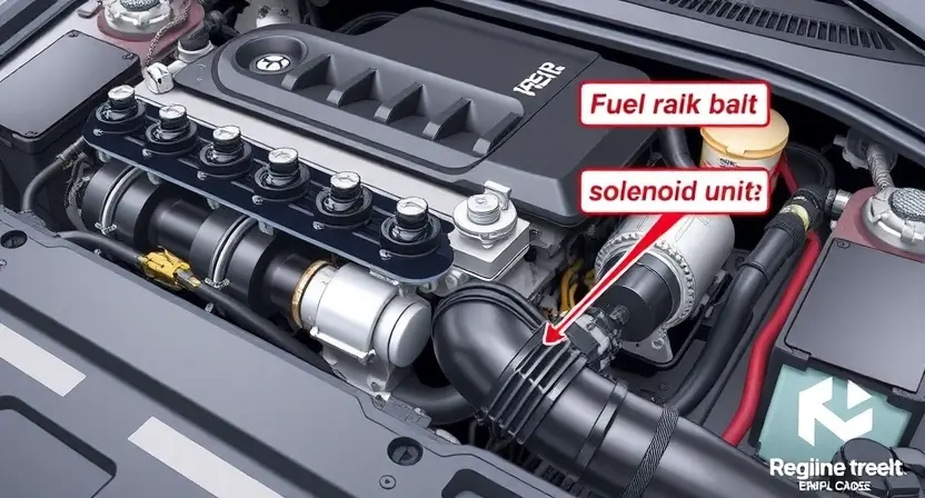 A detailed illustration of a car engine bay, focusing on the fuel rail and solenoid. The fuel rail should be clearly visible, with the solenoid unit highlighted. Show wiring connected to the solenoid. The engine should be in a neutral state, with no visible damage.