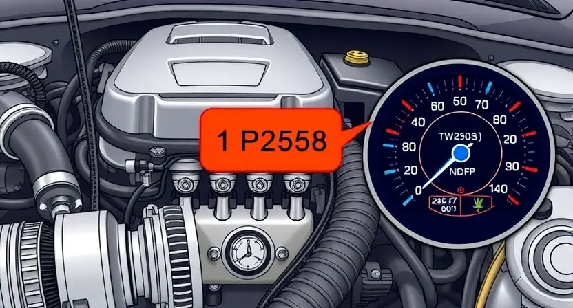 A detailed illustration of a car engine with a highlighted error code P2558 displayed on a digital dashboard. The engine should be realistically rendered, showcasing various components like pistons, valves, and belts. The dashboard should be modern and clearly show the error code with accompanying diagnostic information. The background should be a clean, uncluttered garage setting.