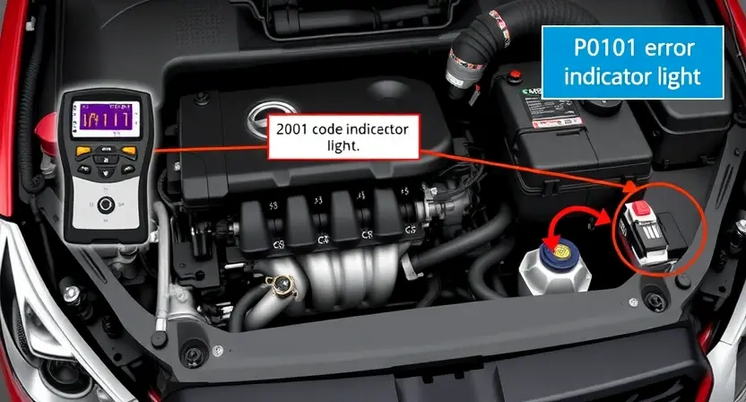 A detailed illustration of a car's engine bay, highlighting the P0101 error code indicator light. Focus on the diagnostic tools and wiring related to the issue.