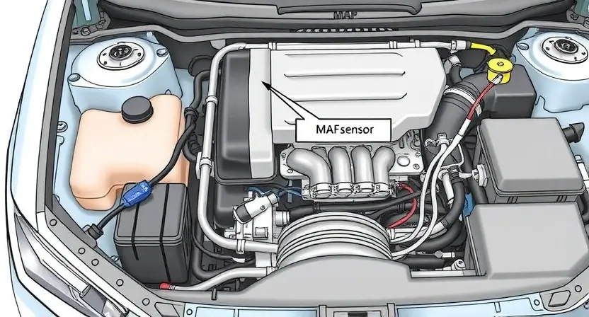A detailed illustration of a car's engine bay, focusing on the Mass Air Flow (MAF) sensor and its surrounding components. The image should clearly show the sensor's location, wiring connections, and nearby air intake system. Include labels pointing to the MAF sensor and relevant parts like the intake manifold and air filter. The overall composition should be clean and informative, suitable for a repair manual or diagnostic guide. Use realistic colors and textures to accurately represent the engi