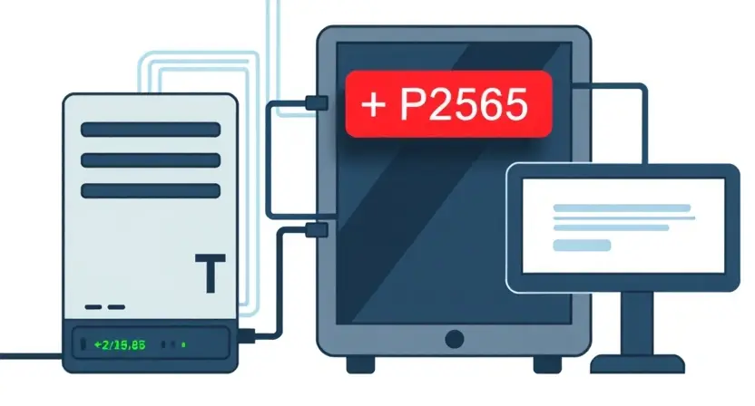 A technical illustration depicting a computer system with a highlighted error message 'P2565'. The system should show a server, a network connection, and a user interface displaying the error. Focus on clarity and visual representation of the error code.
