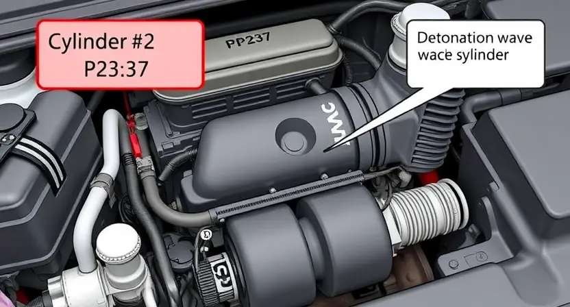 A high-quality technical illustration showing a car engine with a highlighted cylinder #2, a warning light or diagnostic scanner displaying error code P2337, and visual cues like a detonation symbol or pressure wave in that cylinder, clean and detailed, no text or numbers on the image