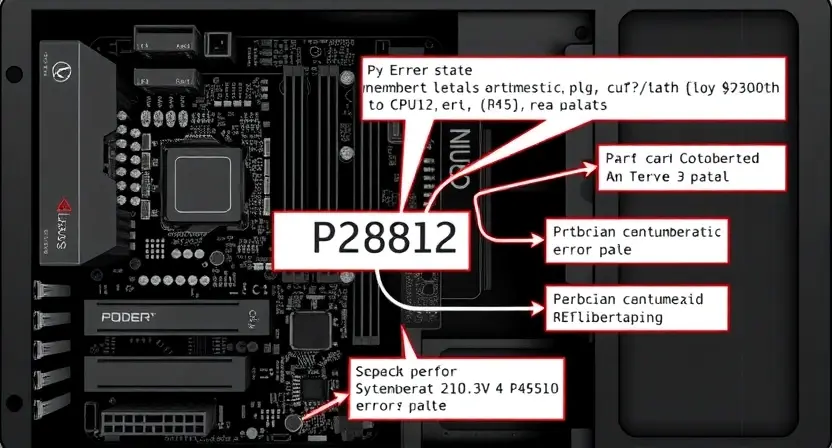 A detailed schematic diagram illustrating a P2812 error code in a computer system. The diagram should show the relevant components (motherboard, CPU, RAM, etc.) and highlight the area associated with the error. Include visual cues to represent the error state, such as a red highlight or an exclamation mark.
