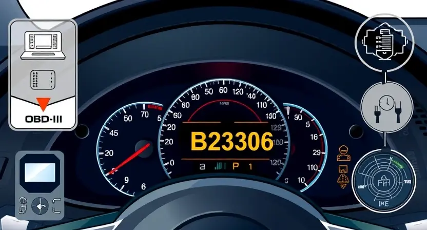 A high-quality technical illustration showing a modern car dashboard with a warning light indicating an OBD-II error code B2306, surrounded by subtle diagnostic symbols like a scanner interface and circuit diagrams, clean and professional visual style