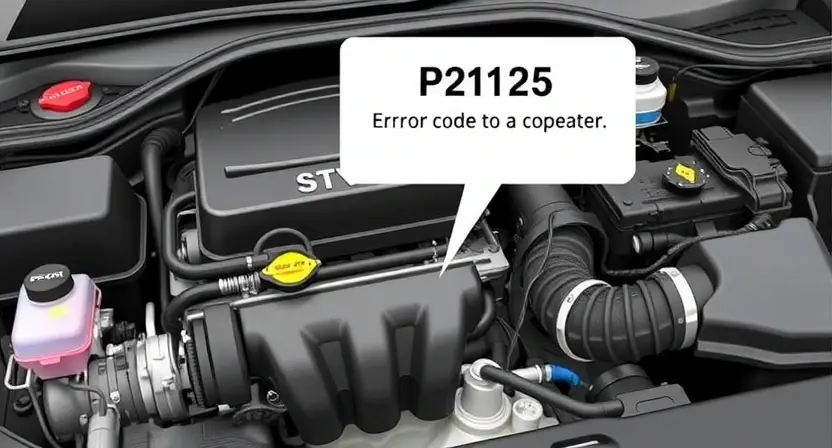 A detailed illustration of a car engine with a highlighted P2125 error code displayed on a dashboard screen. Focus on the engine components and the error message.