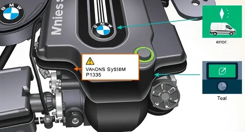 A high-quality technical illustration showing a BMW engine with the VANOS system highlighted, displaying error code P1335, with visual cues like warning lights and diagnostic tools, clean and professional, no text or numbers on the image